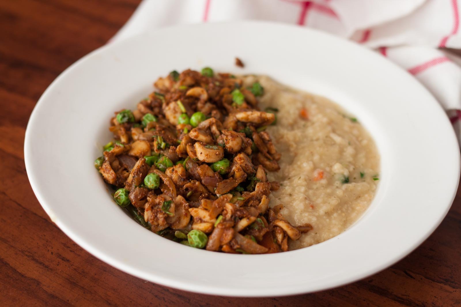 Savory Oatmeal Bowl with Chettinad Mushroom and Green Peas Stir Fry Recipe 