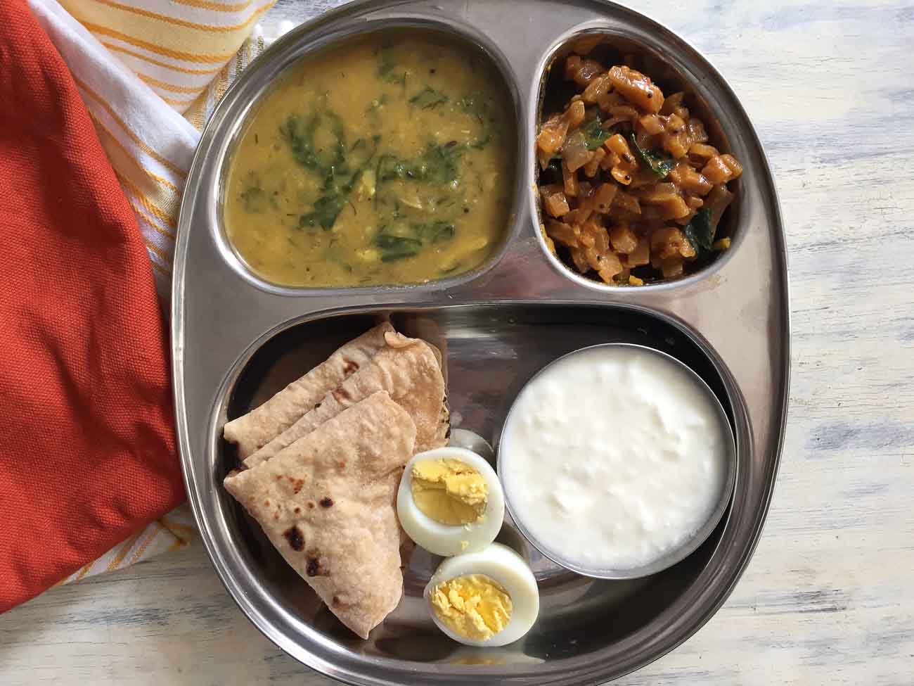 Portion Control Meal Plate: Vazhathandu Poriyal, Palak Pappu, Phulka ...