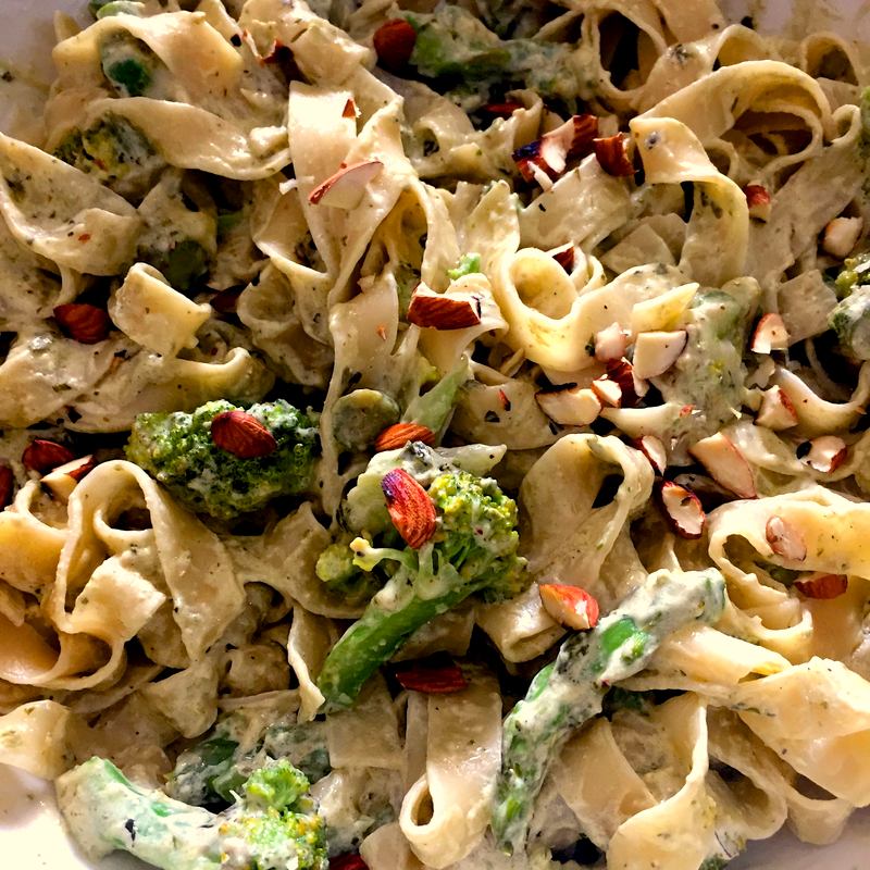 Asparagus Broccoli Fettuccine Pasta With Roasted Almonds Recipe