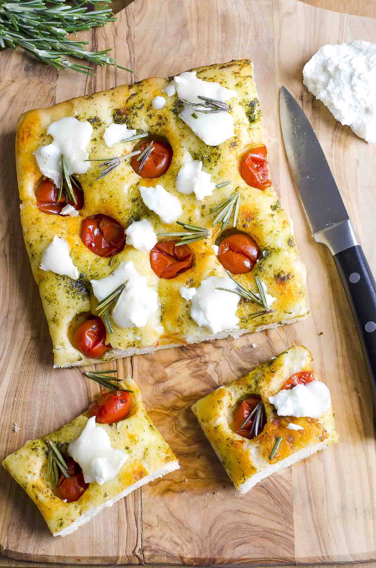 Focaccia Bread Recipe With Cherry Tomatoes, Basil Pesto And Goat Cheese ...