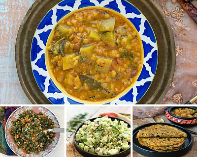 A Perfect Balanced Indian Meal: Khatti Meethi Lauki Dal, Carrot and Beans Poriyal, Thepla, Millet Quinoa Rice, and Khamang Kakdi