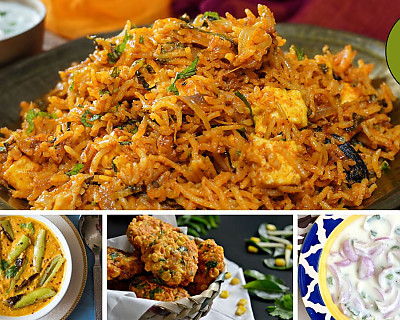 Sunday Lunch Extravaganza: Delight in Paneer Butter Masala Biryani, Mirchi Ka Salan, Andhra Style Corn Vada, Green Coriander Coconut Chutney, and Onion Raita